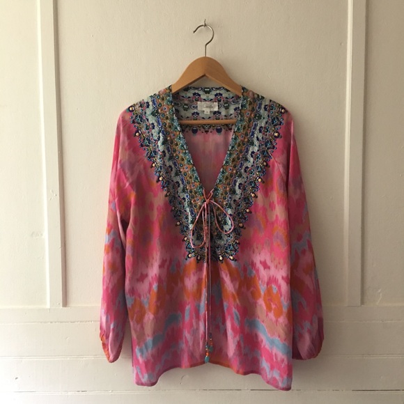 Camilla Printed Silk Hand-Beaded Lace-Up Blouse - Picture 5 of 12